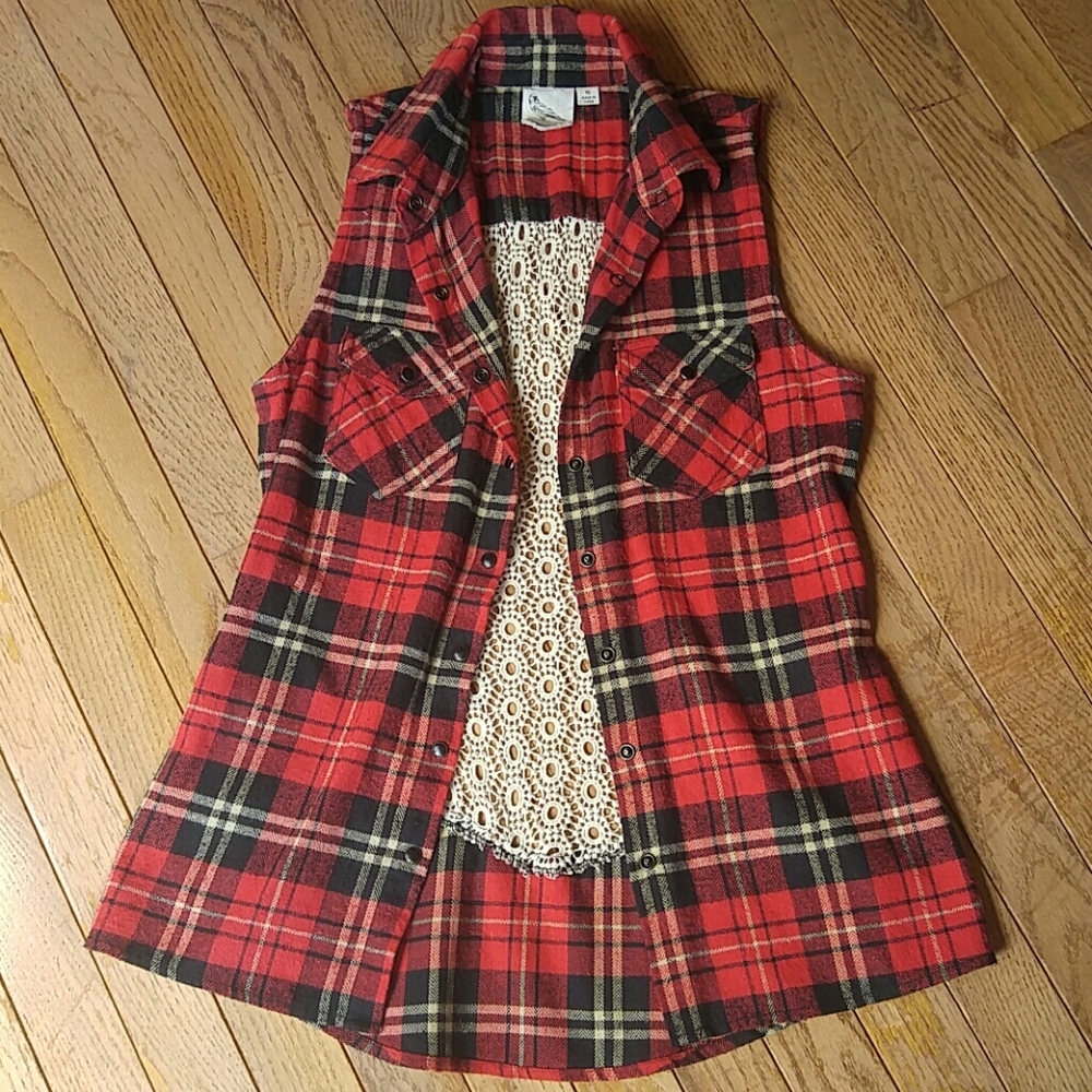 Others Follow Flannel Lace Back Top